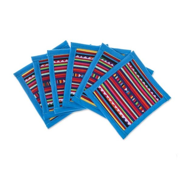 Alternate image for Cotton Patchwork Coasters with Blue Trim Set of 6 Lahu Blue