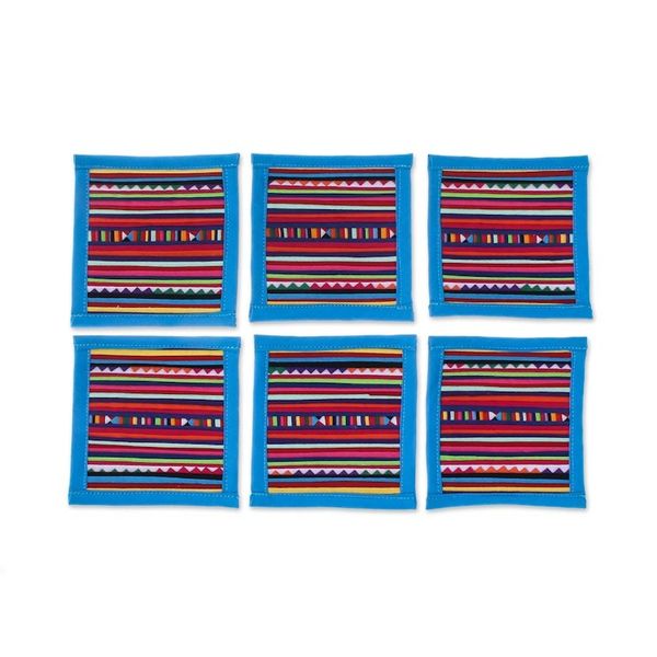 Alternate image for Cotton Patchwork Coasters with Blue Trim Set of 6 Lahu Blue