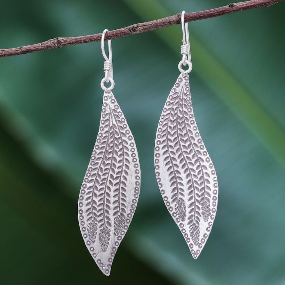 Handcrafted Karen Silver Dangle Earrings from Thailand 'Karen Harvest'