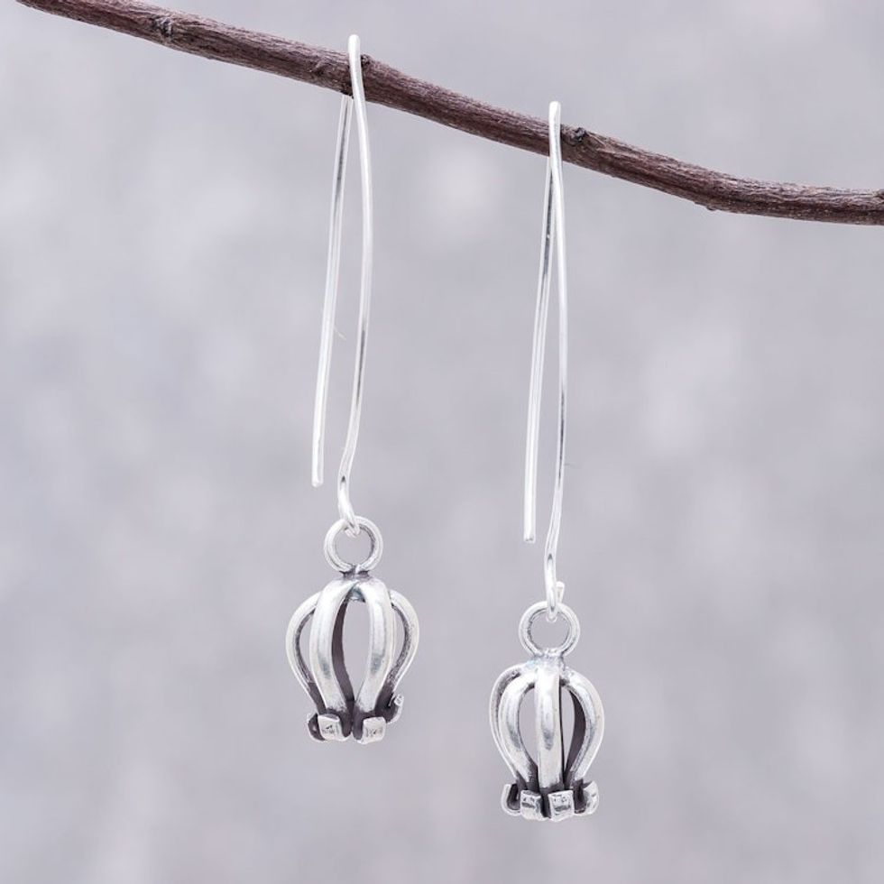 Karen Silver Dangle Earrings from Thailand 'Flower Curls'