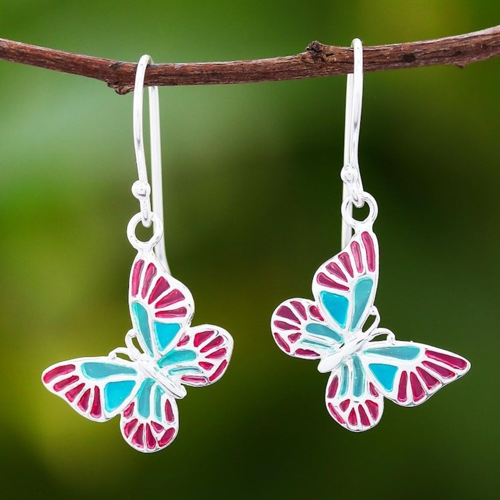 Red and Blue Sterling Silver Butterfly Dangle Earrings 'Festive Butterflies'