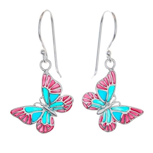 Alternate image for Red and Blue Sterling Silver Butterfly Dangle Earrings Festive Butterflies