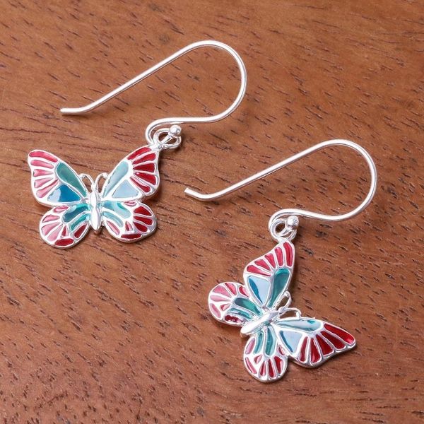 Alternate image for Red and Blue Sterling Silver Butterfly Dangle Earrings Festive Butterflies