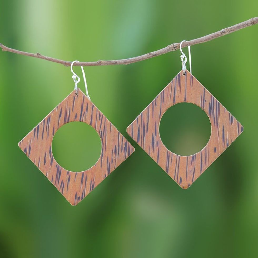 Square Lontar Wood Dangle Earrings from Thailand 'Natural Creativity'