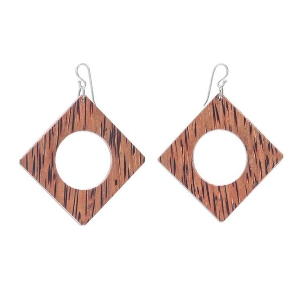 Alternate image for Square Lontar Wood Dangle Earrings from Thailand Natural Creativity