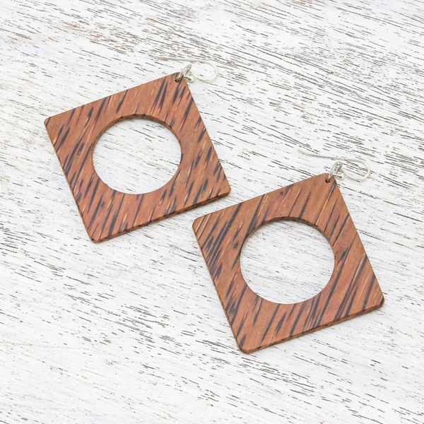 Alternate image for Square Lontar Wood Dangle Earrings from Thailand Natural Creativity