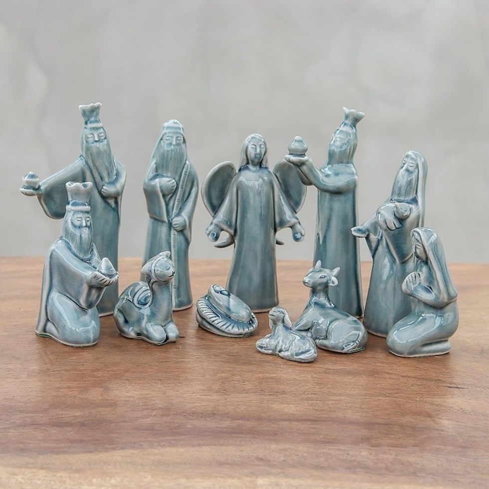 Blue Celadon Ceramic Nativity Scene 11 Piece 'Blue Christmas'