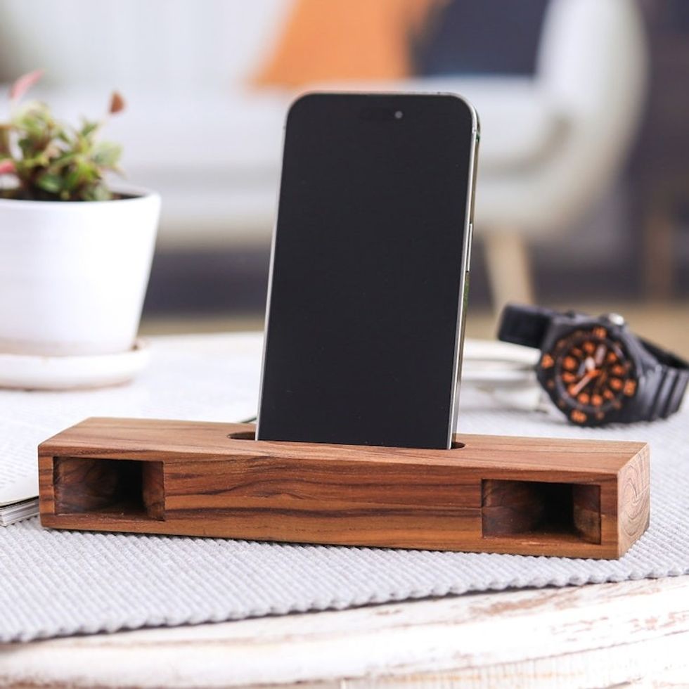 Rectangular Teak Wood Phone Speaker from Thailand 'Teak Orchestra'