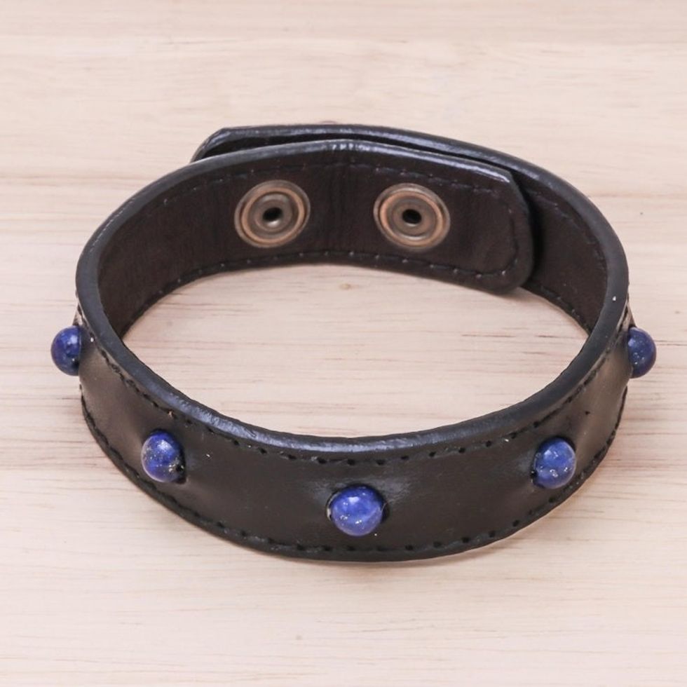 Men's Lapis Lazuli and Leather Beaded Wristband Bracelet 'Powerful Mind'