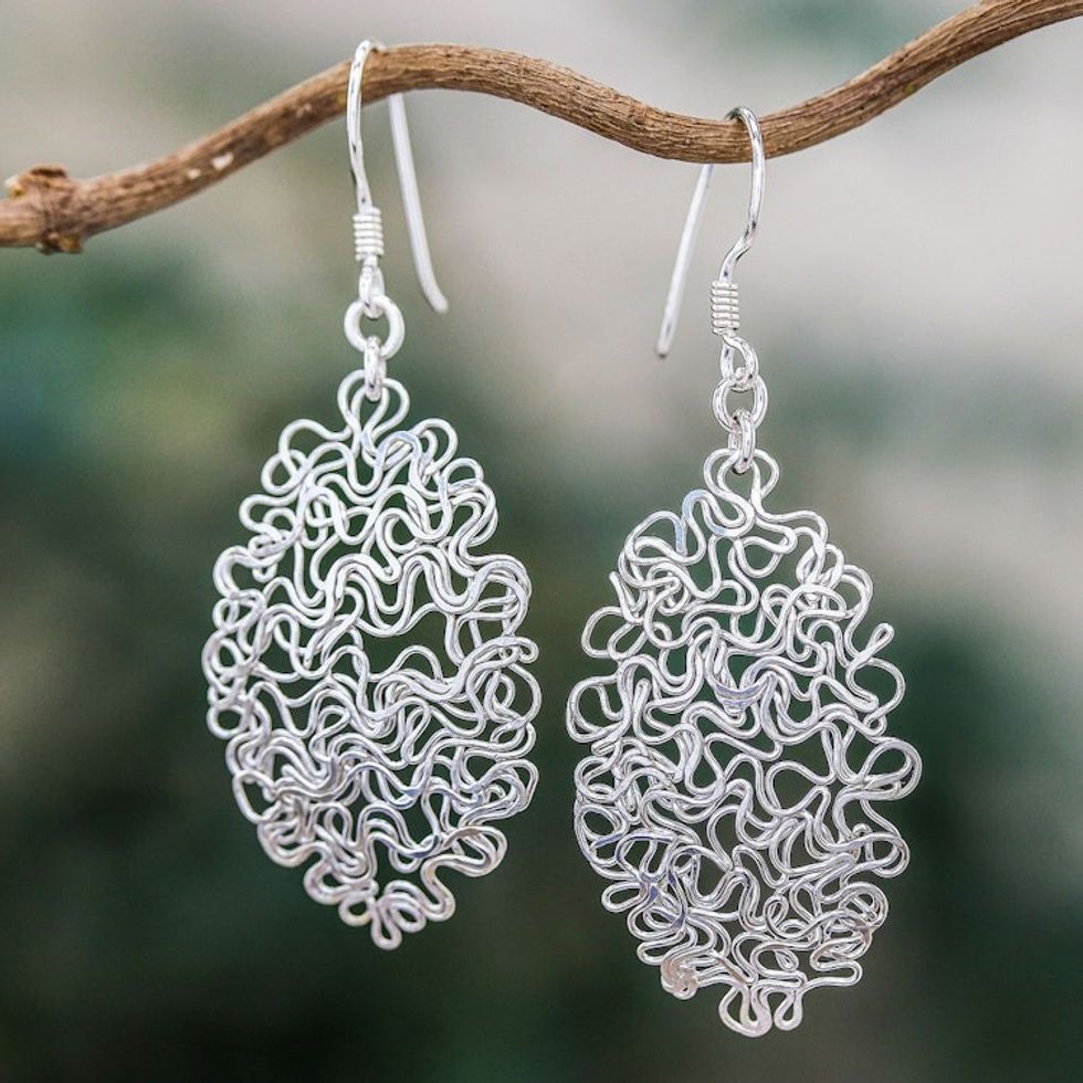 Sterling Silver Twisted and Coiled Wire Oval Dangle Earrings 'Opulent Chaos'