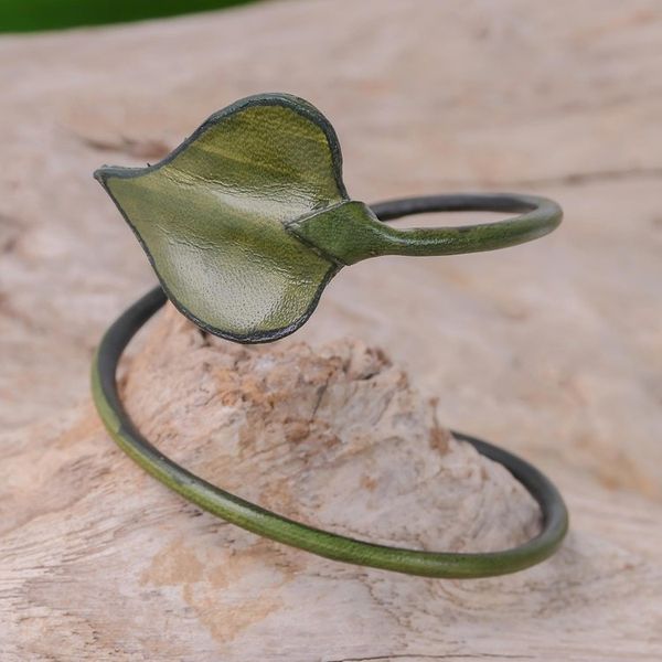 Alternate image for Leaf-Themed Leather Wrap Bracelet in Olive from Thailand Heart Leaf in Olive