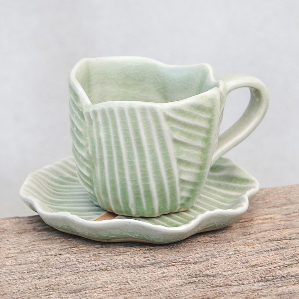 Leaf-Themed Celadon Ceramic Teacup and Saucer from Thailand 'Tea Leaf'