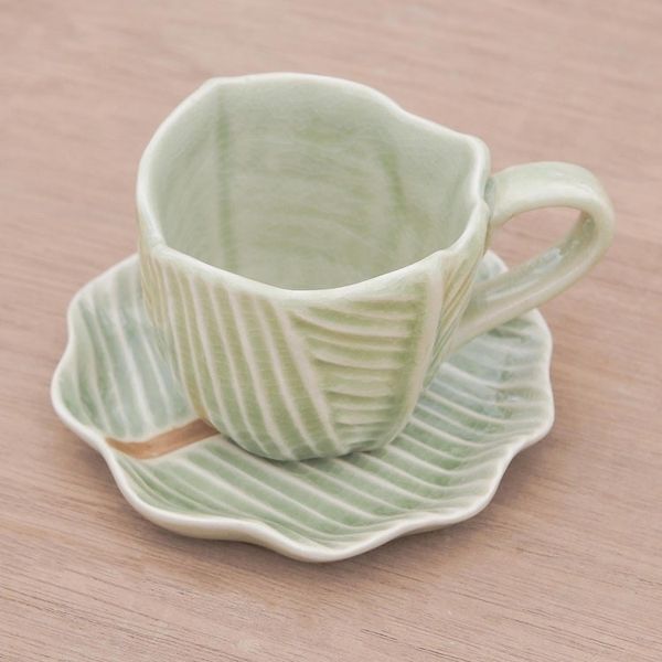 Alternate image for Leaf-Themed Celadon Ceramic Teacup and Saucer from Thailand Tea Leaf