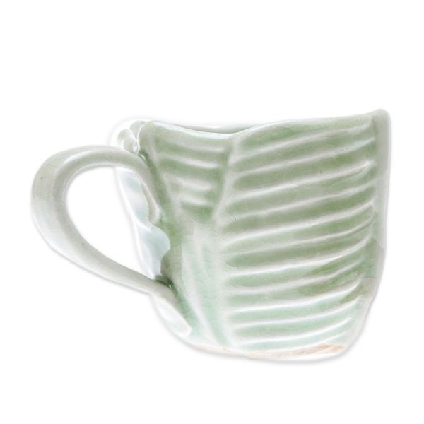 Alternate image for Leaf-Themed Celadon Ceramic Teacup and Saucer from Thailand Tea Leaf
