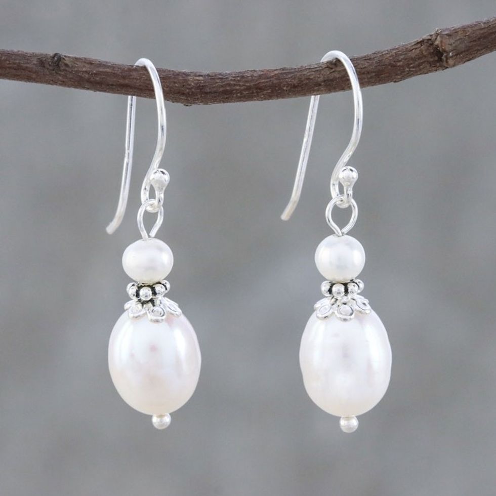 Thai Cultured Freshwater and Sterling Silver Dangle Earrings 'Shining Beacon'