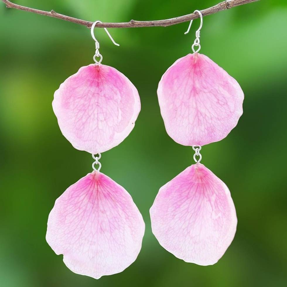 Natural Rose Dangle Earrings in Pink from Thailand 'Pretty Rose in Pink'
