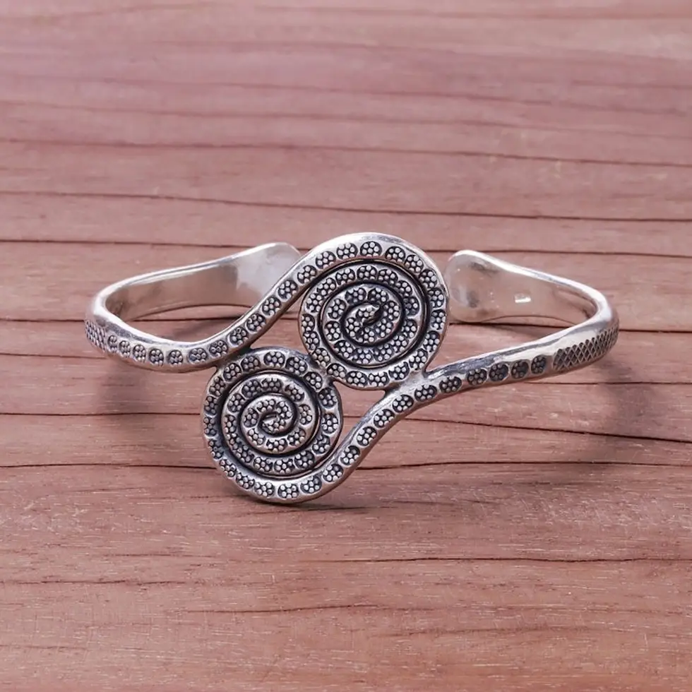 950 Silver Hill Tribe Spiral Cuff Bracelet from Thailand 'Silver Spirals'