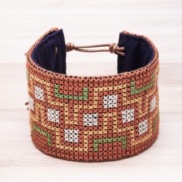 Alternate image for Hmong Cross Stitched Cotton Wristband Bracelet from Thailand Hmong Maze