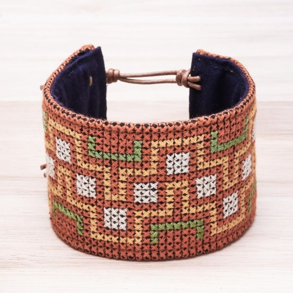 Hmong Cross Stitched Cotton Wristband Bracelet from Thailand 'Hmong Maze'