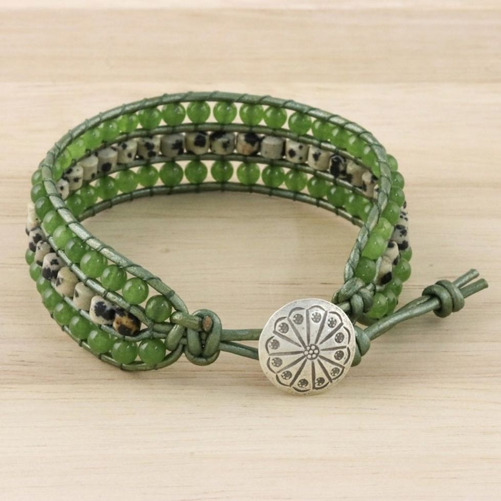Jasper Quartz Bead and Karen Silver Wristband Bracelet 'Meadow Path'