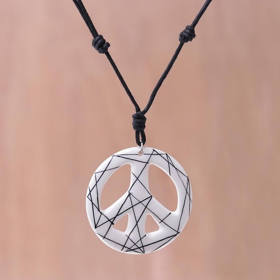 Hand-Painted Ceramic Peace Necklace in White from Thailand 'Bring Peace in White'