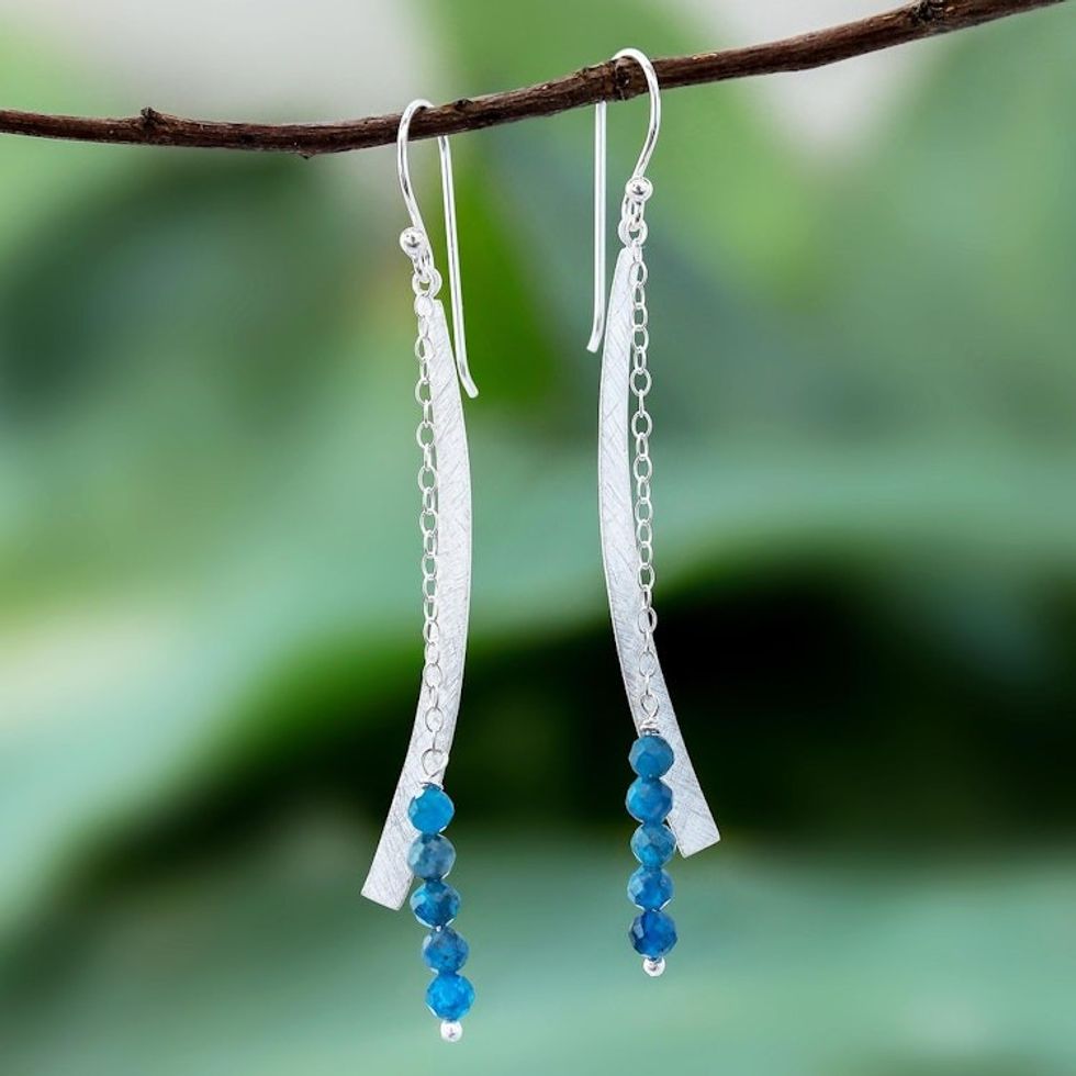 Modern Apatite Beaded Dangle Earrings from Thailand 'Bright Curve'