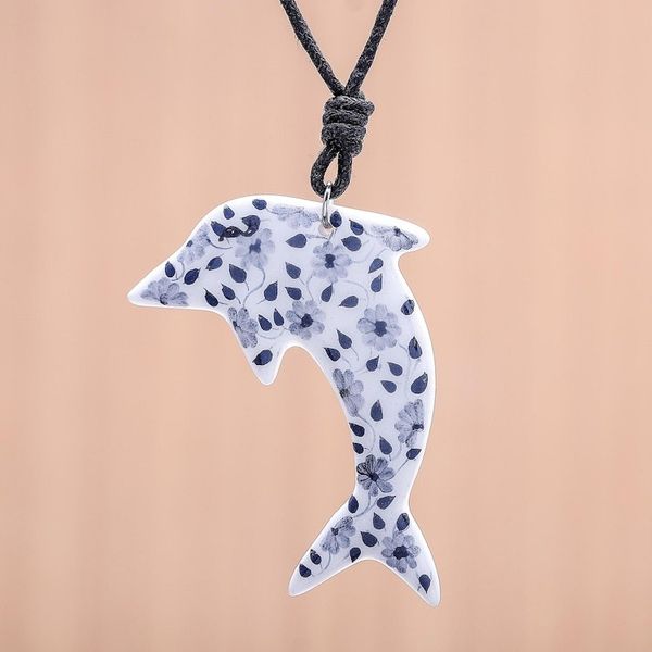 Alternate image for Ceramic Dolphin Necklace with Painted Blue Floral Motifs Blue Flower Dolphin
