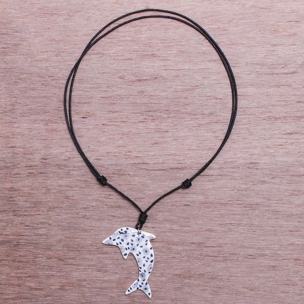 Alternate image for Ceramic Dolphin Necklace with Painted Blue Floral Motifs Blue Flower Dolphin