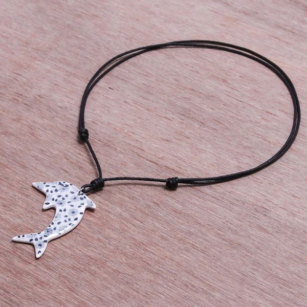 Alternate image for Ceramic Dolphin Necklace with Painted Blue Floral Motifs Blue Flower Dolphin