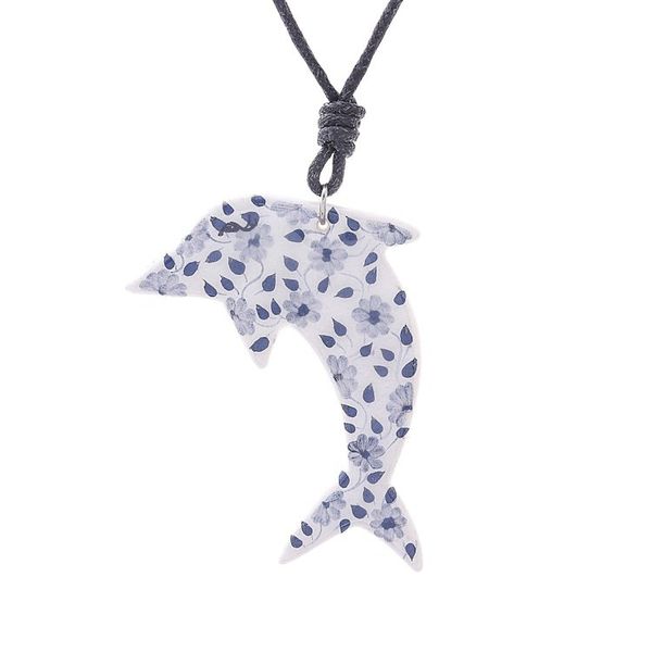 Alternate image for Ceramic Dolphin Necklace with Painted Blue Floral Motifs Blue Flower Dolphin
