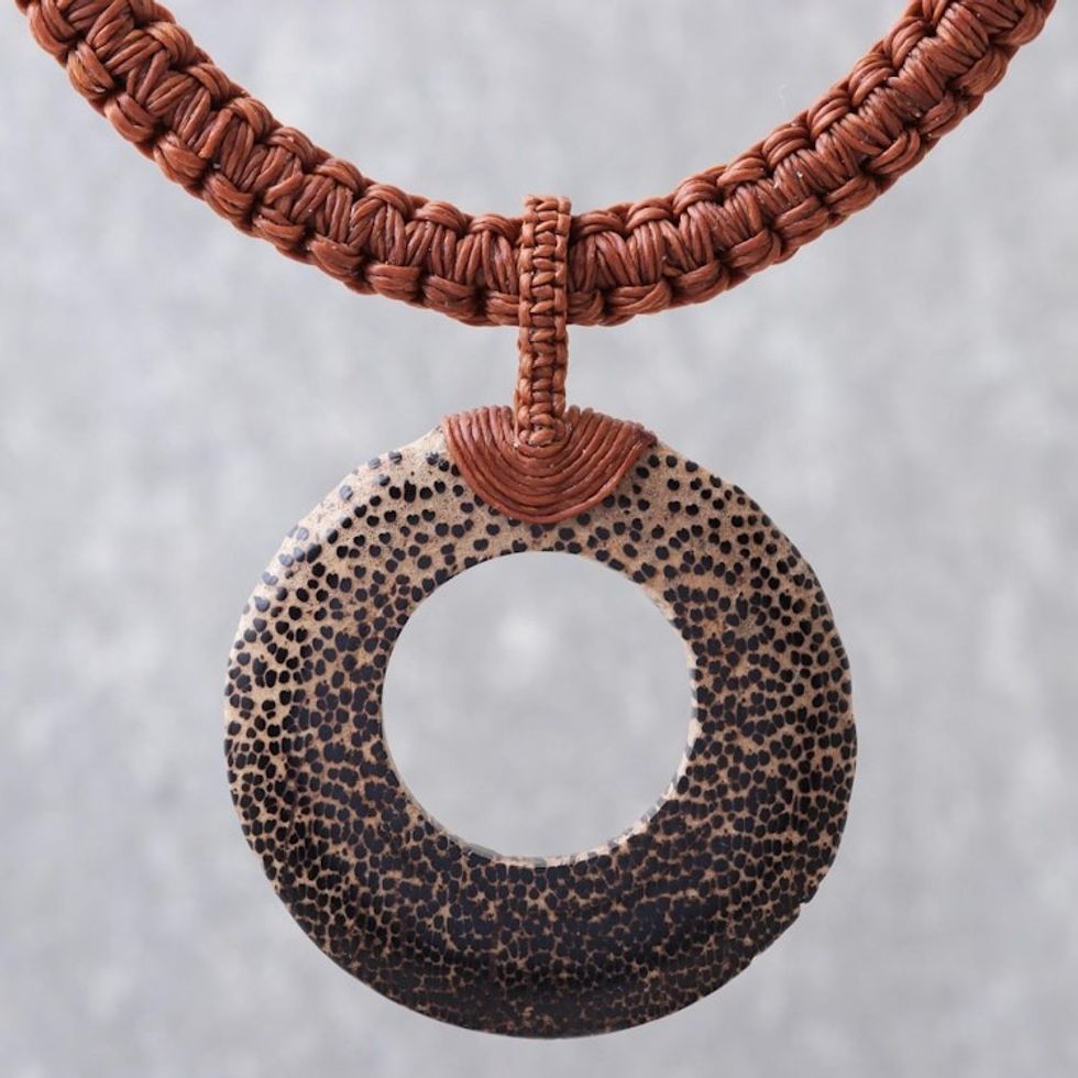 Handcrafted Coconut Wood and Leather Cord Pendant Necklace 'Earth Ring in Burnt Sienna'