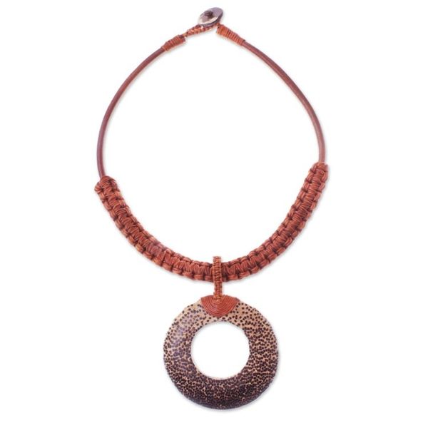 Alternate image for Handcrafted Coconut Wood and Leather Cord Pendant Necklace Earth Ring in Burnt Sienna