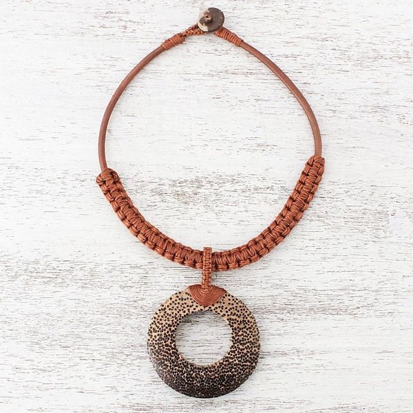 Alternate image for Handcrafted Coconut Wood and Leather Cord Pendant Necklace Earth Ring in Burnt Sienna