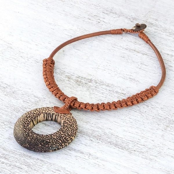 Alternate image for Handcrafted Coconut Wood and Leather Cord Pendant Necklace Earth Ring in Burnt Sienna