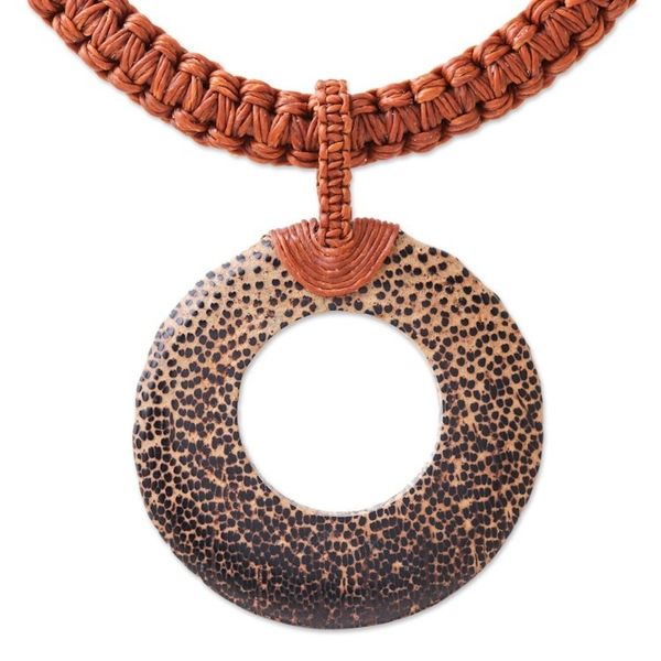 Alternate image for Handcrafted Coconut Wood and Leather Cord Pendant Necklace Earth Ring in Burnt Sienna