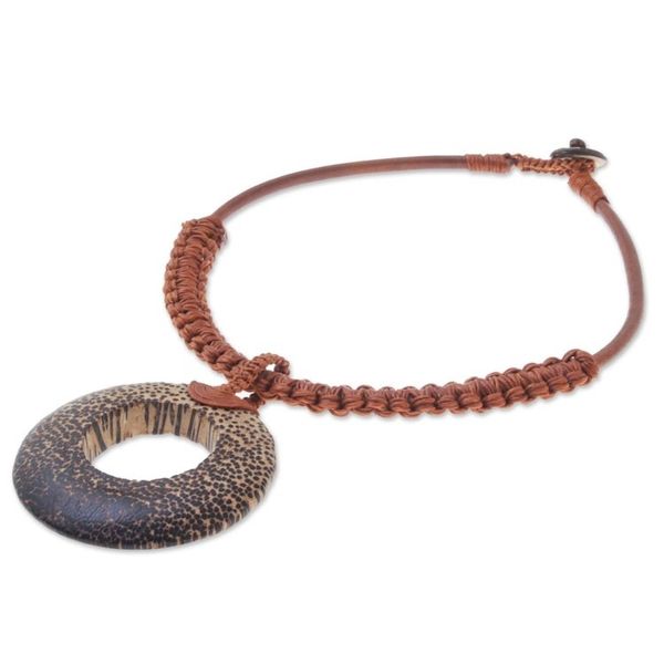 Alternate image for Handcrafted Coconut Wood and Leather Cord Pendant Necklace Earth Ring in Burnt Sienna