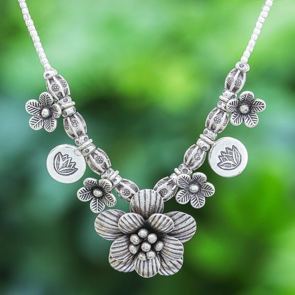 Alternate image for Hill Tribe Beaded Silver Flower Necklace Garden in Bloom