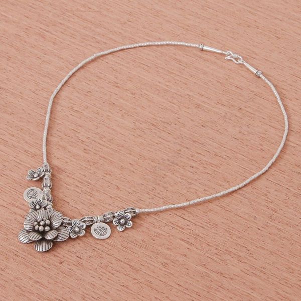 Alternate image for Hill Tribe Beaded Silver Flower Necklace Garden in Bloom