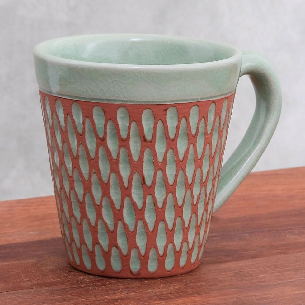 Handcrafted Green Incised Celadon Ceramic Mug 'Ginger Green Honeycomb'