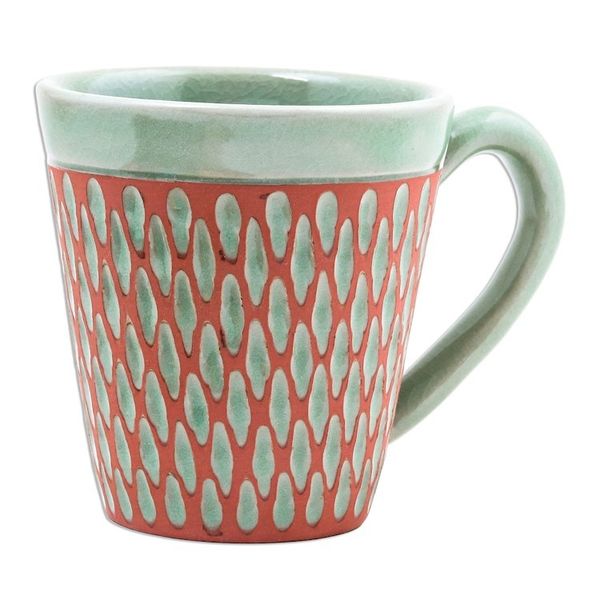 Alternate image for Handcrafted Green Incised Celadon Ceramic Mug Ginger Green Honeycomb