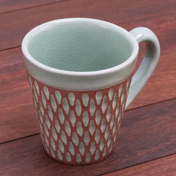 Alternate image for Handcrafted Green Incised Celadon Ceramic Mug Ginger Green Honeycomb