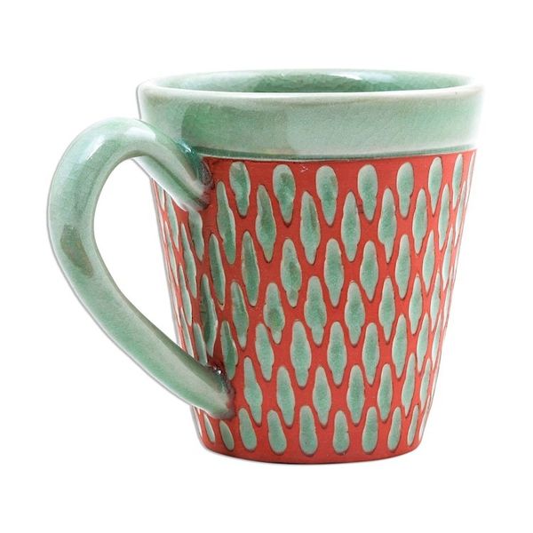 Alternate image for Handcrafted Green Incised Celadon Ceramic Mug Ginger Green Honeycomb