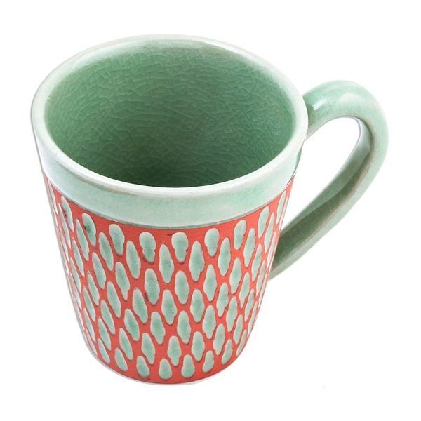 Alternate image for Handcrafted Green Incised Celadon Ceramic Mug Ginger Green Honeycomb