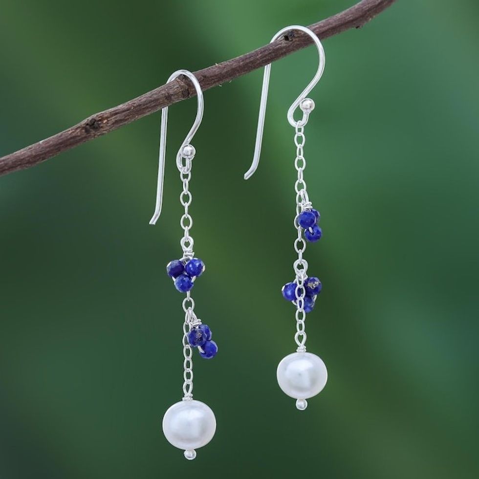 Lapis and Cultured Pearl Dangle Earrings 'Sweet Essence'