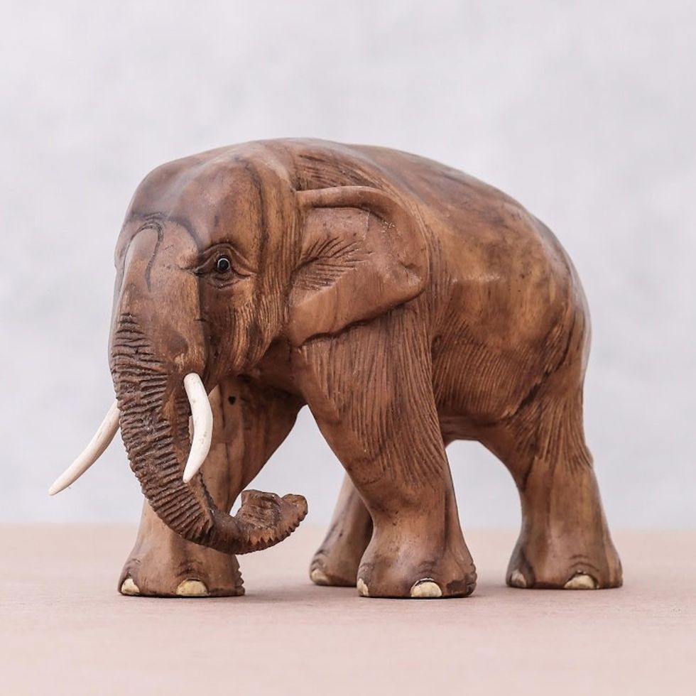 Hand-Carved Teak Wood Elephant Sculpture from Thailand 'Trip Through Nature'