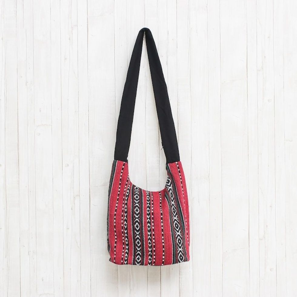 Red Black and White Handwoven Cotton Blend Shoulder Bag 'Woven Cheer'