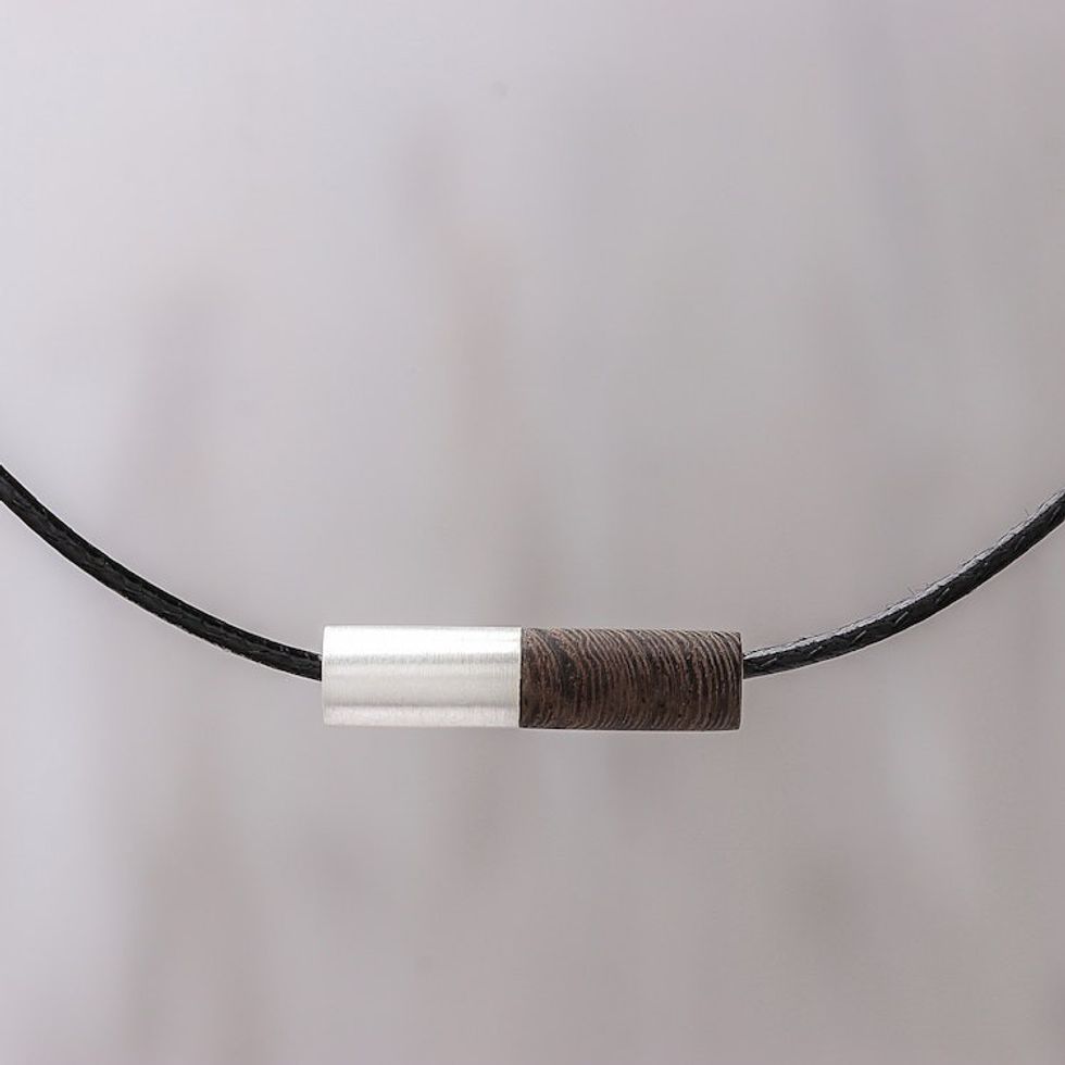 Men's Sterling Silver and Wood Pendant Necklace 'Cylindrical Balance'