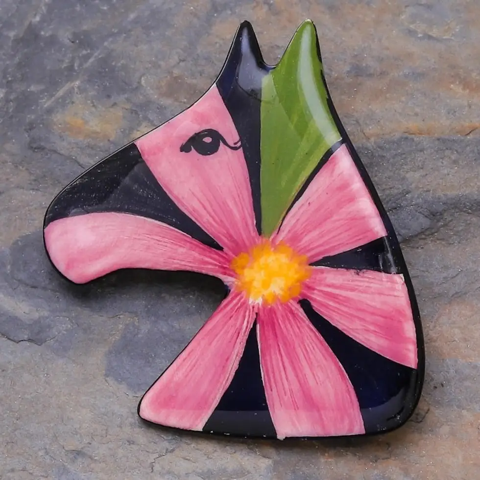Multicolored Ceramic Pony Brooch Pin 'Blossoming Pony'