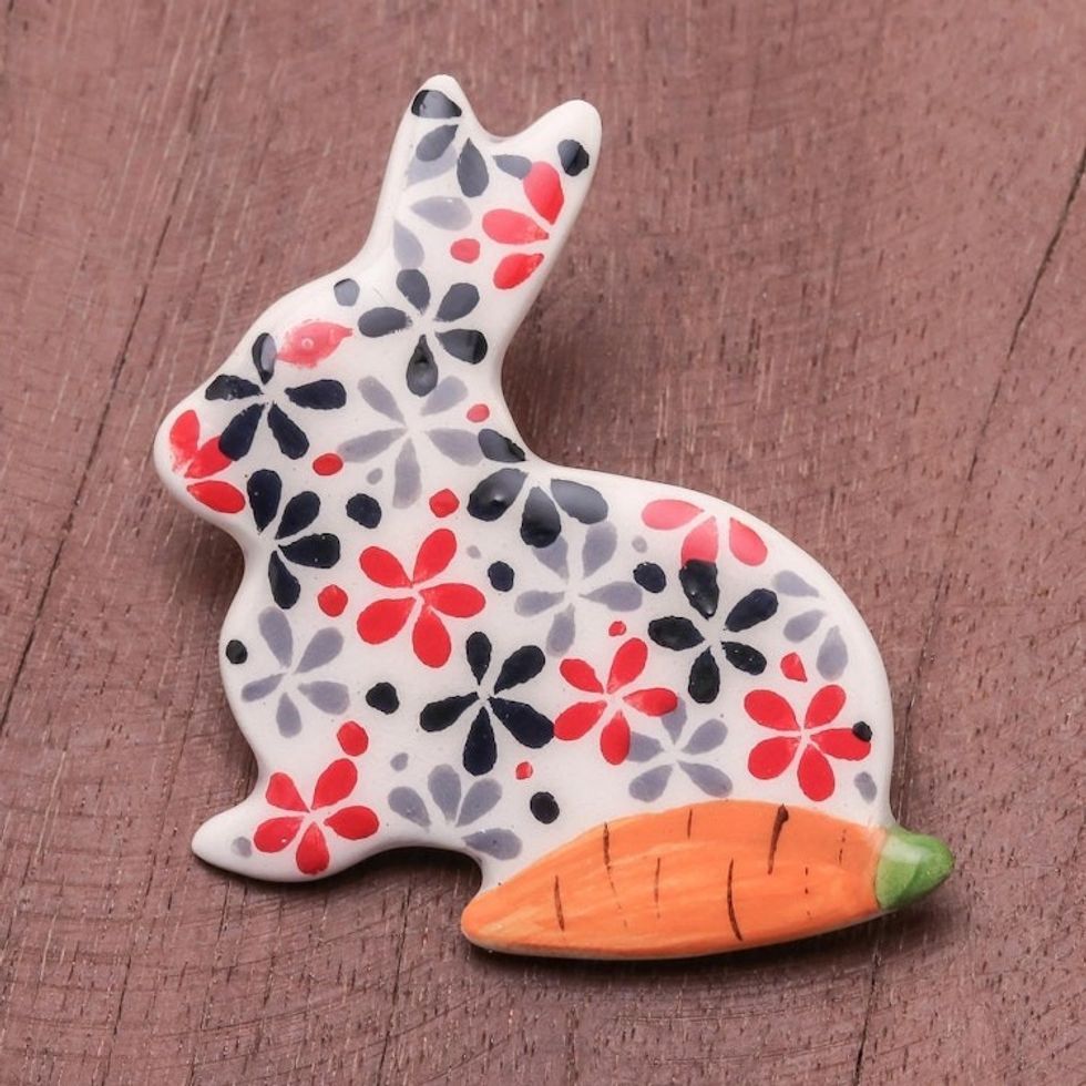 Floral Ceramic Rabbit Brooch Pin from Thailand 'Rabbit and Carrot'