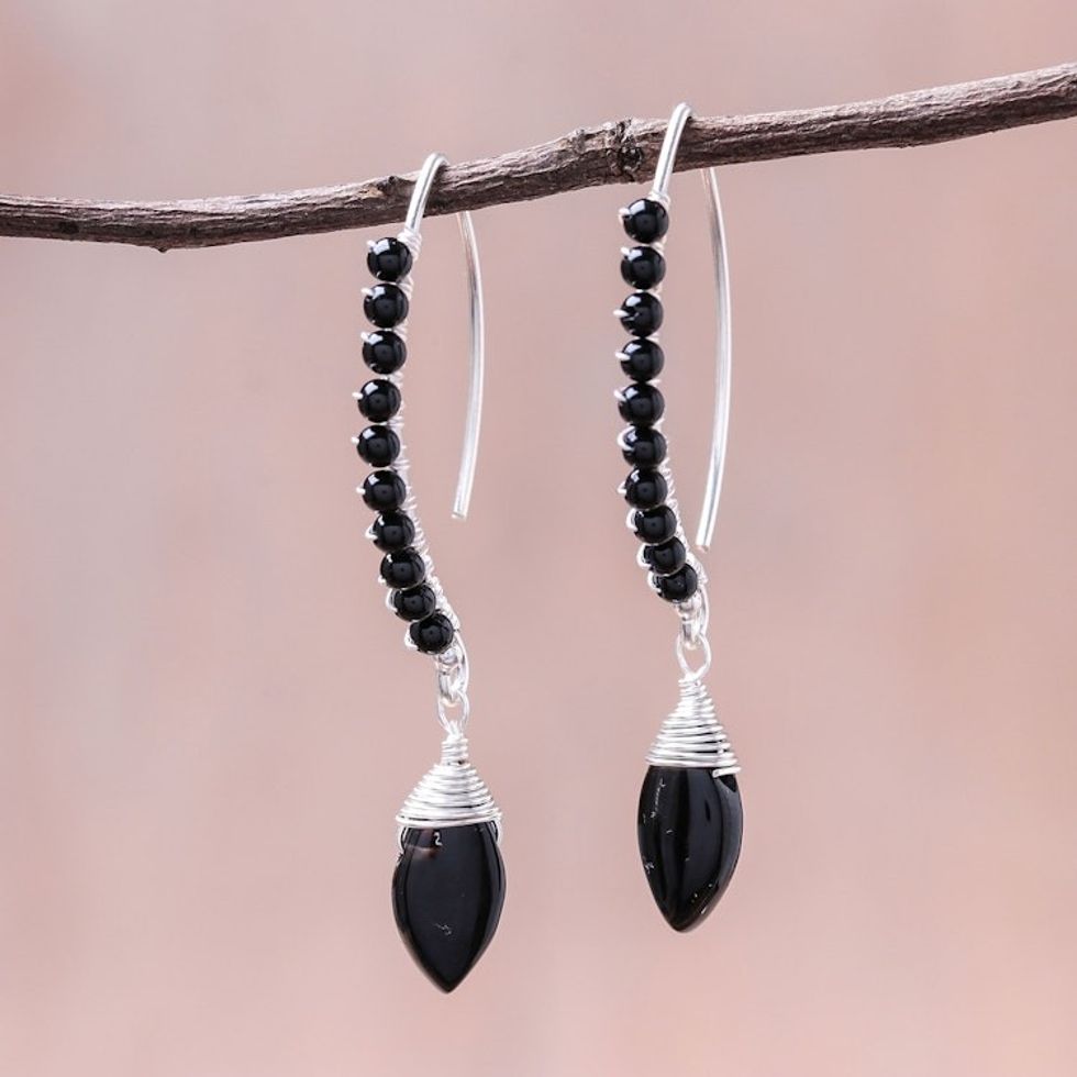 Dark Agate Beaded Dangle Earrings from Thailand 'Dark Elixir'